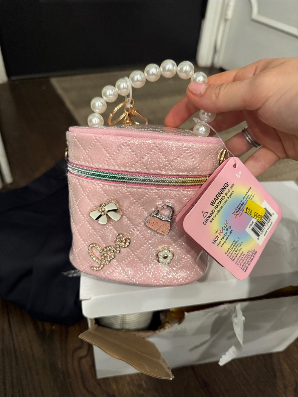 Pink Quilted Pearl-Handle Kids side Bag with charms and long chain NWT
